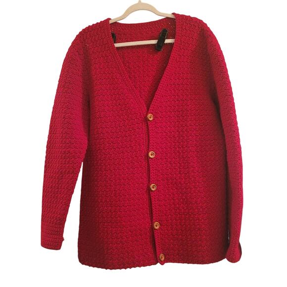 Vntg Homemade Hand Knit Crocheted Cardigan Sweater Red Size M Read Measurements - Picture 1 of 7